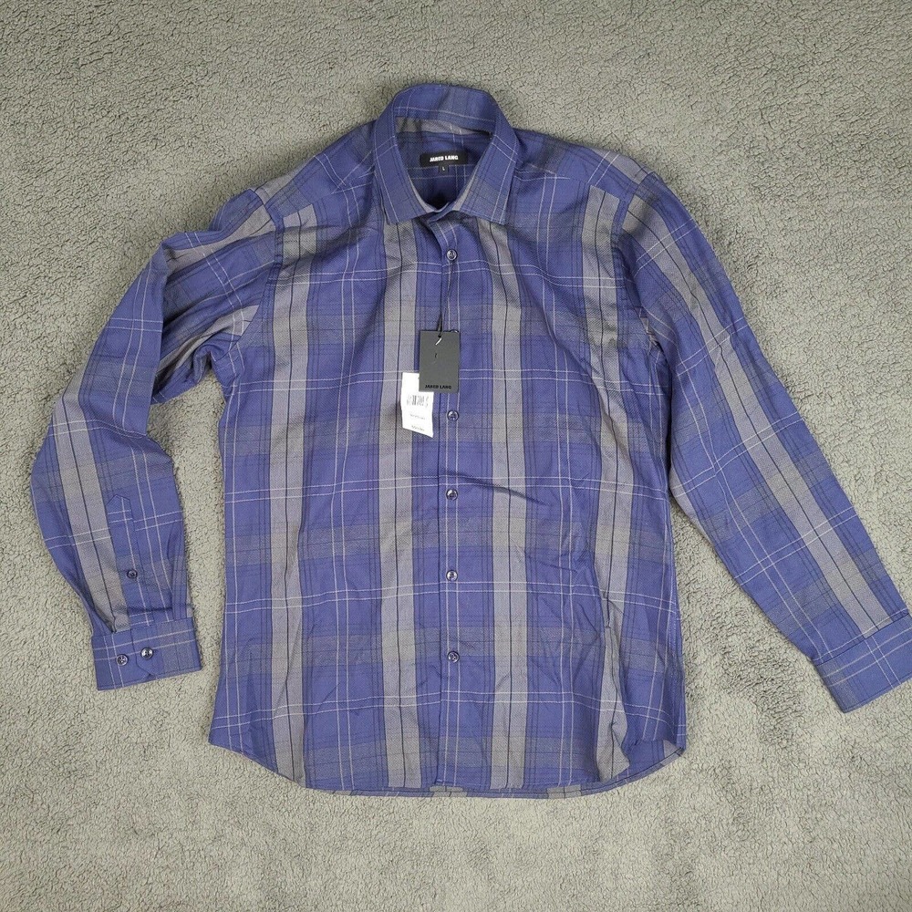 Jared Lang Shirt Men's Large Blue Gray Button Down Plaid Long Sleeve With Tag